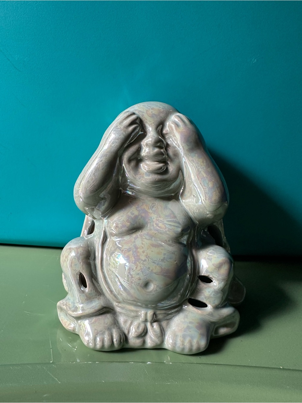 Ceramic Laughing Buddha Statue - Iridescent Sage Glaze